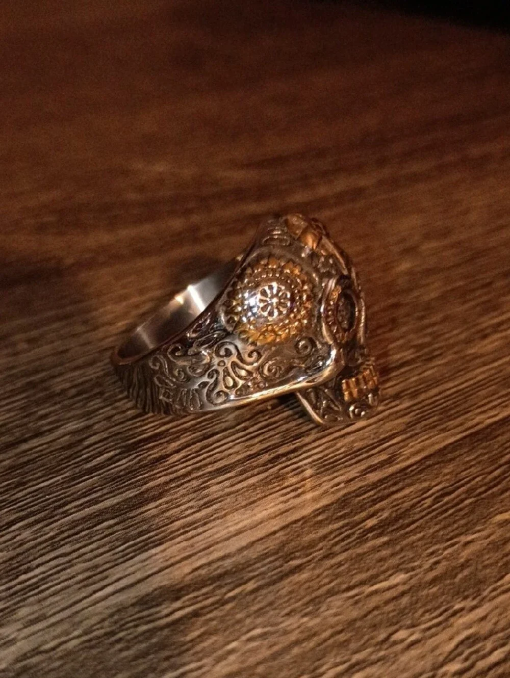 Vintage Mexican Sugar Skull Ring–Two-Tone Calavera Biker Ring with Cross Size 15